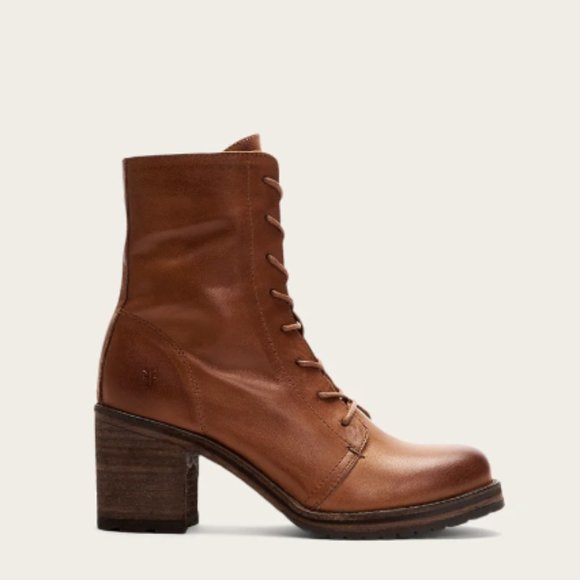 Frye Karen Cognac Tan Leather Combat Lace Up Combat Wood Block Heel Ankle Boot - Picture 2 of 16
